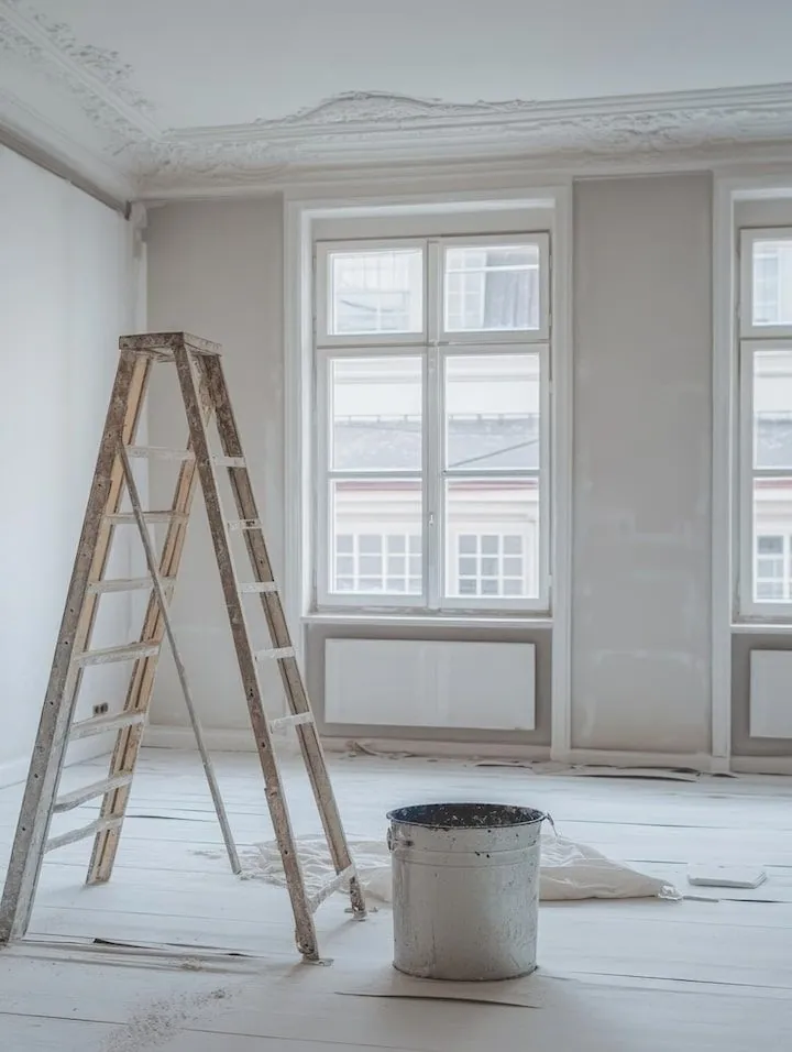 Heller Raum mit Stuckdecke während der Sanierung.