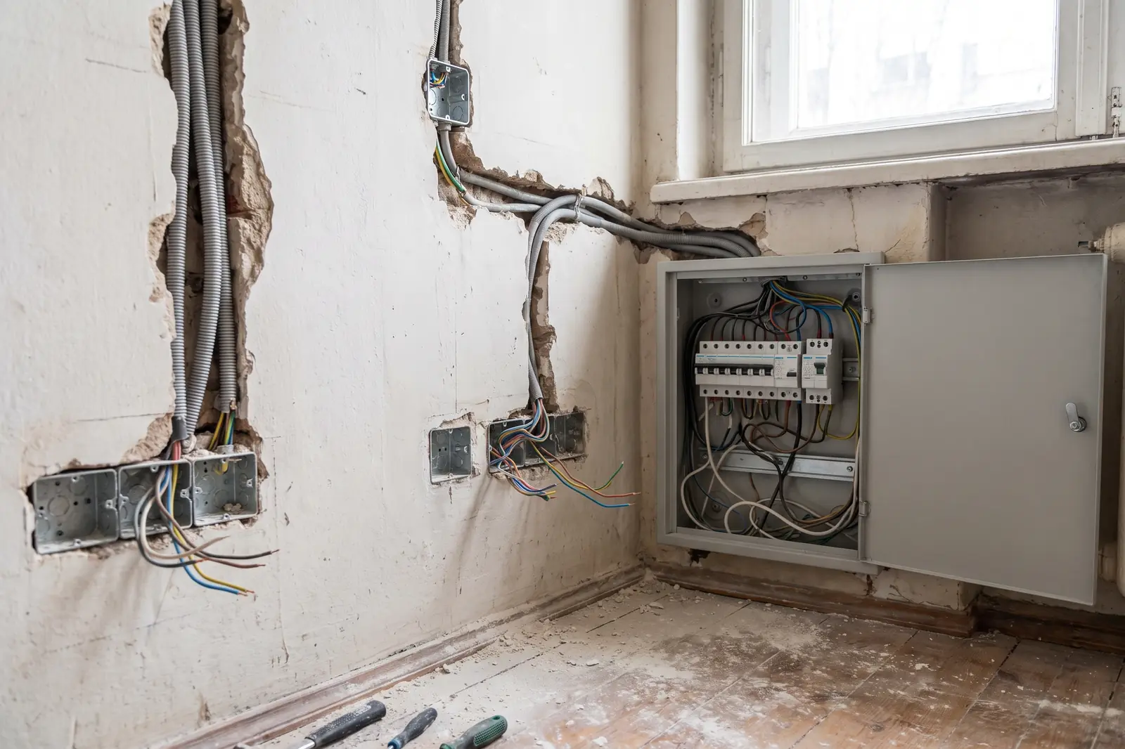 Frisch geschlitzte Wand mit neuen Leitungen und offener Verteilung bei der Elektrosanierung im Altbau.