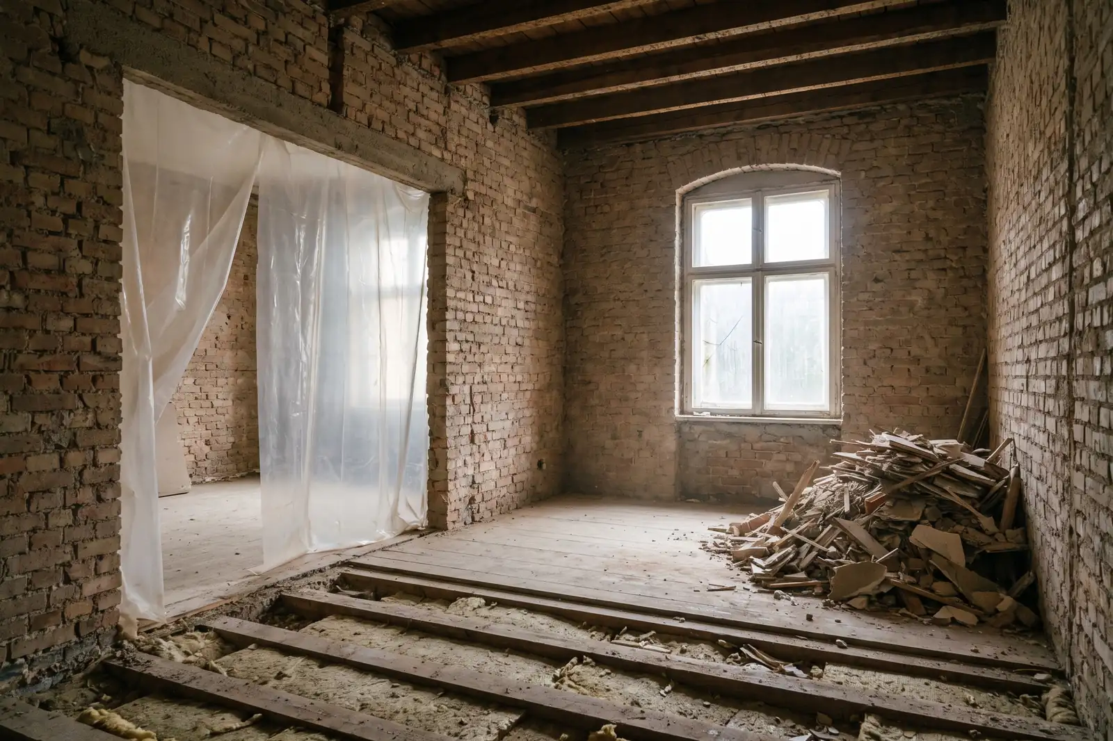 Bis auf den Rohbau entkernte Altbauwohnung mit freigelegten Deckenbalken und Staubschutzfolie.