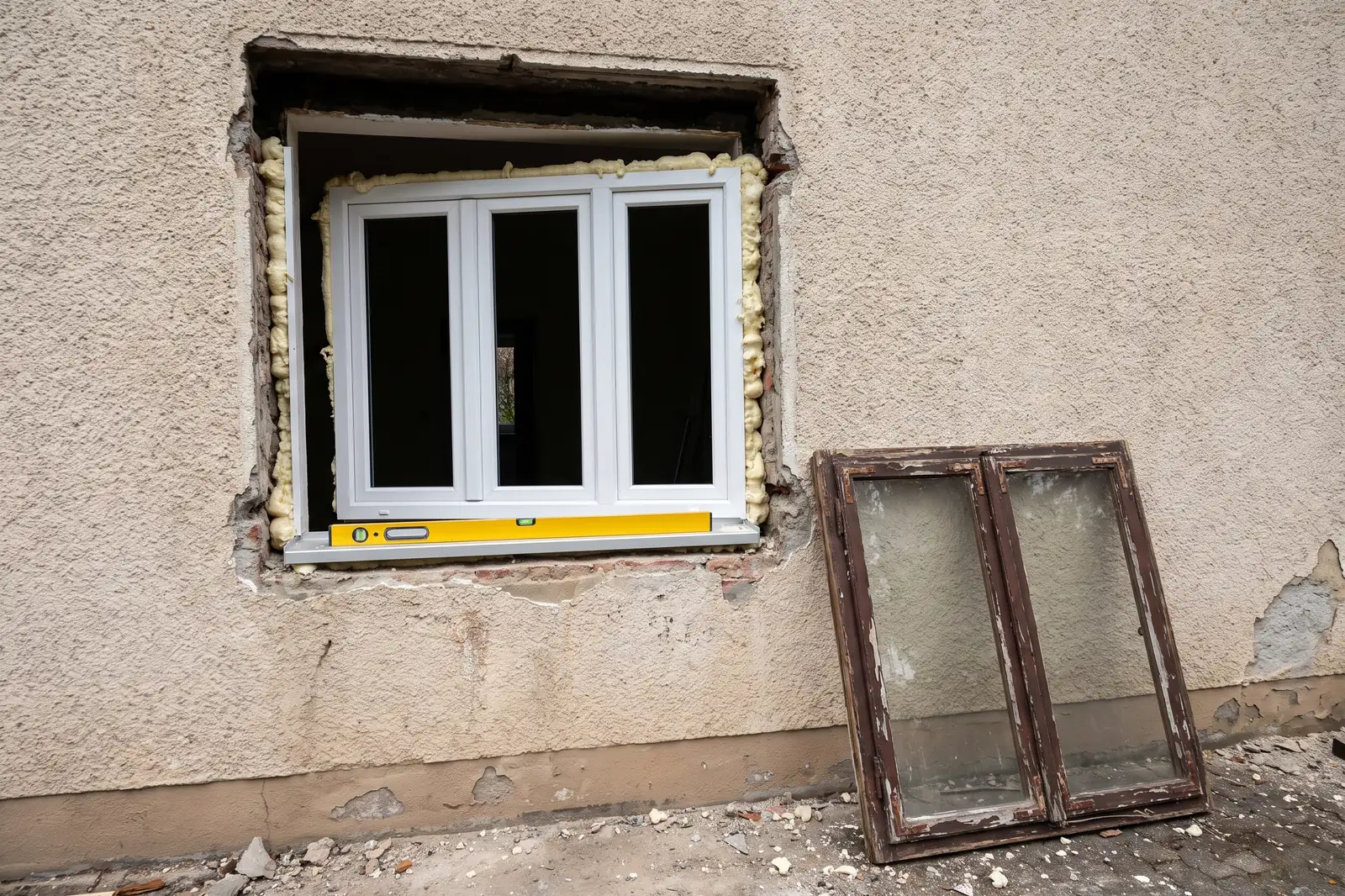 Neues Kunststofffenster frisch in die Laibung gesetzt, altes Holzfenster daneben.
