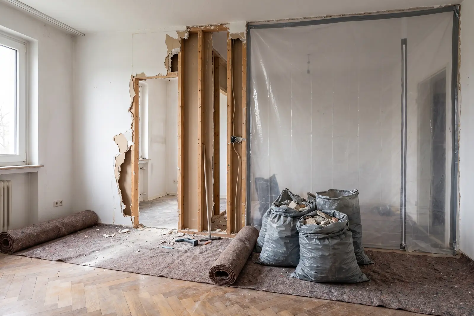 Teilweise zurückgebaute Trennwand beim Innenabbruch, Schutt in Bigbags, Staubschutzwand dahinter.