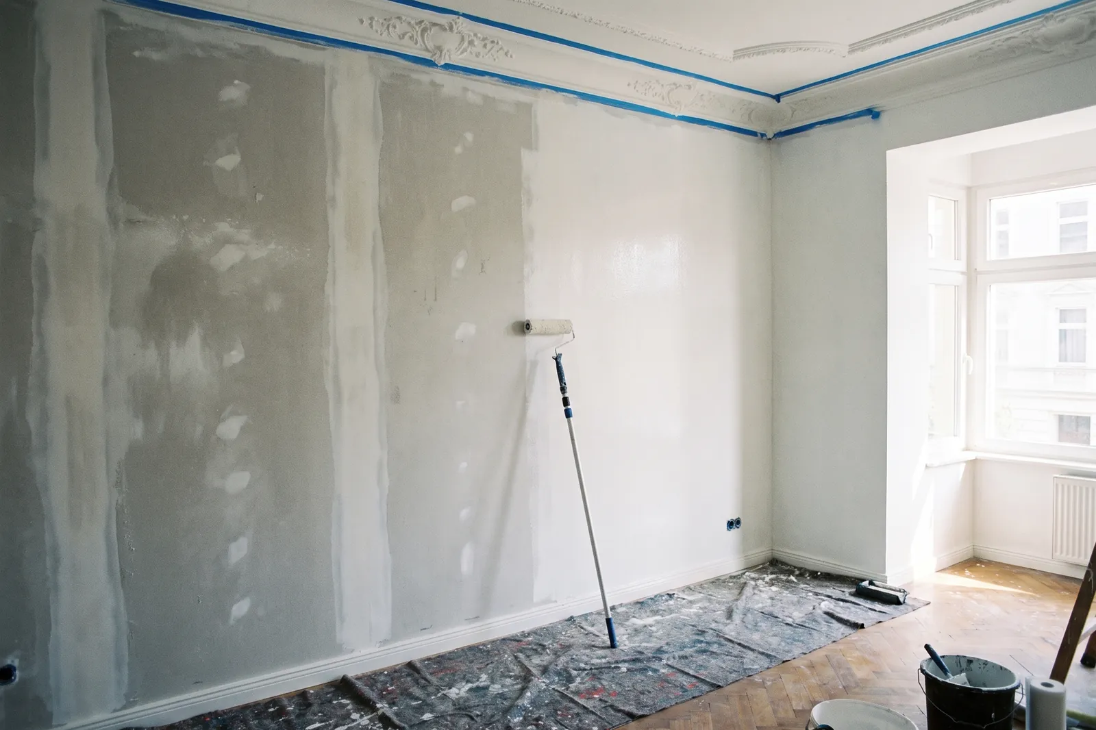 Gespachtelte Wand und erster Anstrich bei Malerarbeiten in einer Kölner Altbauwohnung.